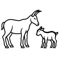 Obraz premium Line art vector silhouette of a goat and a a small goat grazing in a field