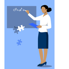 Young woman teaches mathematics at school. Working woman. Successful young woman.