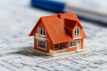 Detailed miniature house sitting atop complex architectural plans, with a blurred pen in background