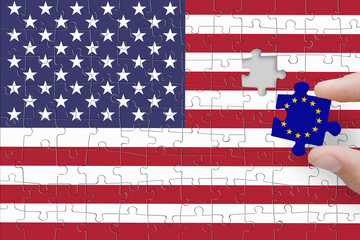 Puzzle made from US and EU flags. Europe Union and United States of America trade and tariffs war.