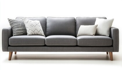 Fototapeta premium Modern Gray Sofa with Stylish Throw Pillows in a Minimalist Setting Perfect for Home Decor and Interior Design Projects