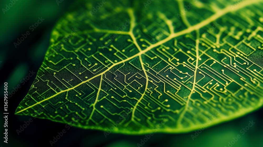 Poster Close-up of a green leaf with a circuit board pattern imprinted on it.