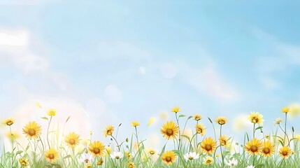 Obraz premium Vibrant sunflower field with golden yellow blooms set against a soft blue sky creating a serene and joyful natural landscape that radiates warmth and happiness