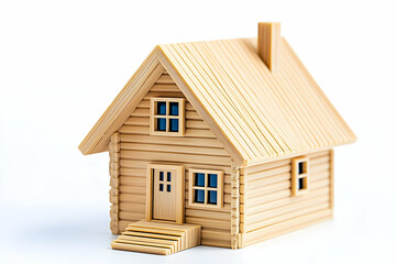 Miniature wooden house model on white background