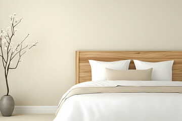 Minimalist bedroom with wooden bed, white bedding, and simple decor