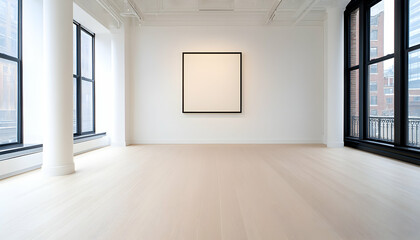 Obraz premium Minimalist gallery interior with large blank canvas, hardwood floors, and expansive windows
