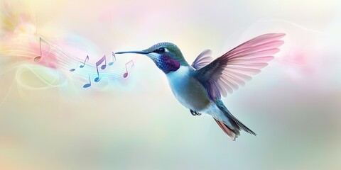 Fototapeta premium Melodic Flight: A hummingbird, bathed in ethereal light, dances in the air, seemingly serenading with musical notes that emanate from its beak.