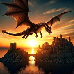 A dragon flying over a medieval kingdom at sunset, AI Generated