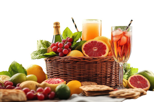 A vibrant summer picnic basket overflowing with juicy fruits, refreshing drinks, and crisp crackers, bathed in bright sunlight.