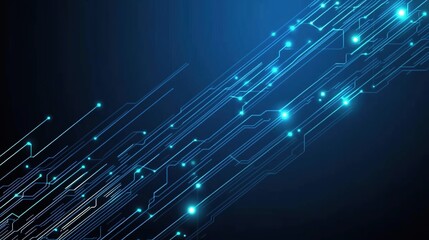 Abstract Blue Digital Technology Background with Circuit Board and Glowing Dots, Dark Color Theme, Futuristic Data Connection Concept, Flat Design, Web Banner, Wallpaper, Poster, Presentation Template