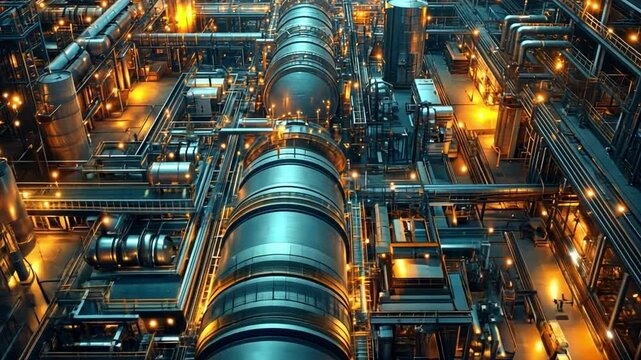 Industrial Complex: A sprawling industrial complex at night, showcasing intricate pipework and machinery in a modern, urban environment, illuminated by warm, inviting lights.