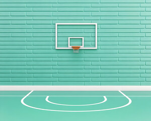 Minimalist teal basketball court with hoop against brick wall