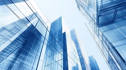 Obraz premium Blue Skyscraper Glass Building Background with Double Exposure Effect, City Center Business and Office Buildings, Modern High-Rise Commercial and Residential Blocks,