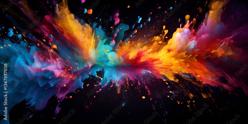 Wall mural colorful paint splashes with a dynamic splashing effect on a black background, creating an artistic 
