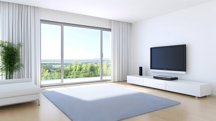 Obraz premium Modern living room with large window, light-colored furniture, and flat-screen TV