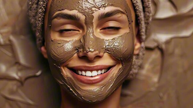 Smiling woman lying in mud bath with brown clay face mask and towel wrapped hair in soft spa light. Concept of relaxation and skincare ritual