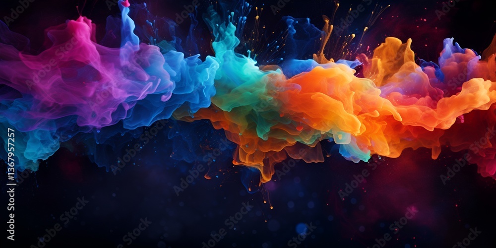 Poster colorful paint splashes with a dynamic splashing effect on a black background, creating an artistic 