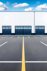 Modern warehouse with large loading doors and empty parking lot