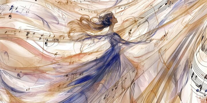 Melody's Embrace: A graceful figure, entwined with musical notes and flowing fabrics, dances through a symphony of colors, a visual interpretation of the transformative power of music.