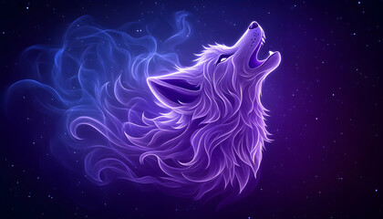 Mystical purple wolf howling at night, surrounded by cosmic smoke