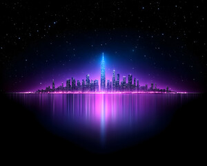 Neon cityscape reflected in water under starry night