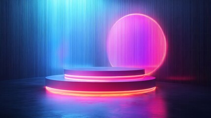 A podium with advanced technology, glowing holographic projections, and clean, minimalist surfaces