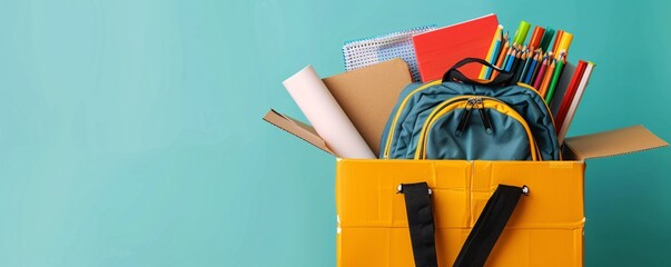 Cardboard box full of school supplies for donation on a blue background