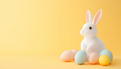 Obraz premium Pastel Easter eggs and a white rabbit on a yellow background