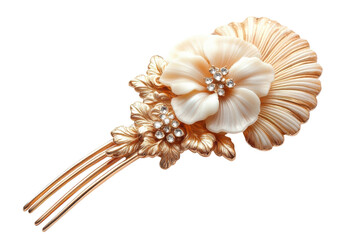 An elegant gold and ivory flower hair comb adorned with sparkling crystals, a perfect bridal accessory with a delicate and romantic design.