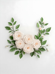 Peach roses and green leaves arranged in a semi-circle on white background