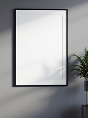 Minimalist interior mockup with blank frame. Empty frame wall poster mockup. Interior mockup with modern design. Contemporary interior scene