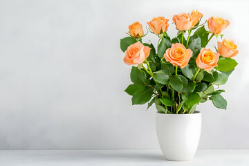 Naklejka premium Peach roses in a white vase against a light grey background