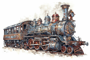 Naklejka premium vintage steam locomotive on a white background, illustration., watercolor style, Generative AI