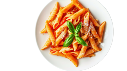 Delicious penne pasta with tomato sauce, basil, and grated cheese on transparent background