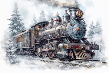 Obraz premium An old train on a snowy track with a steam locomotive and a steam coming from it, snow-covered trees around., watercolor style, Generative AI