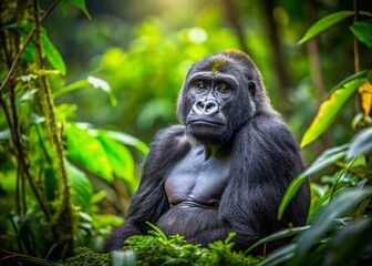Pensive Gorilla: Powerful Primate in Lush Jungle Habitat - Tilt-Shift Photography