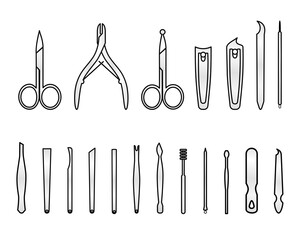 set of tools for manicure kit icon set, icons, sign, symbol, vector illustration element, silver color of nail care treatment equipment tools 
