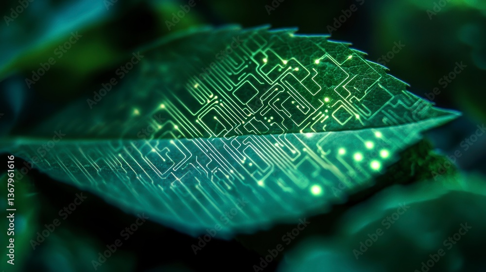 Aufkleber circuit board pattern imprinted on a green leaf, symbolizing nature and technology fusion.