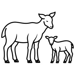 Obraz premium Line art vector silhouette of a lamb and a small lamb grazing in a field