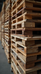 Detailed close-up of stacked wooden pallets in a warehouse, highlighting texture, grain, and industrial design elements, ideal for logistics and storage.