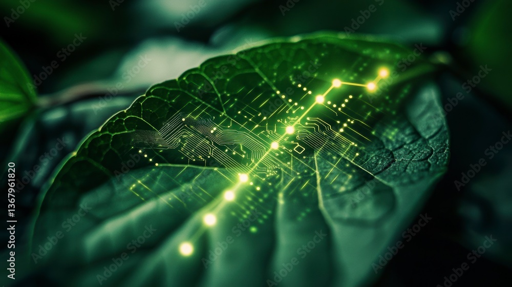Aufkleber green leaf with superimposed circuit board and brain design, representing bio-technology or ai.