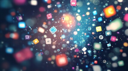 A vibrant explosion of colorful app icons swirling in a digital cosmos with a blurred, dark background.