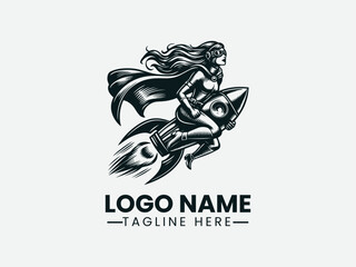 Woman Riding Rocket Confident Expression Vector Logo Design