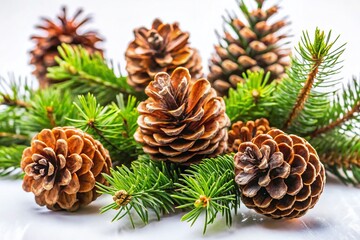 Pine Cones and Branches on White:  Nature Photography Stock Image