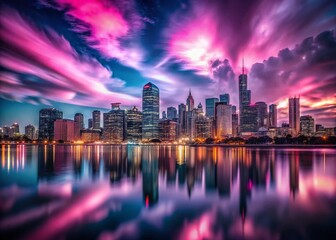 Fototapeta premium Pink and Grey City Night - Urban Twilight Glow Stock Photo