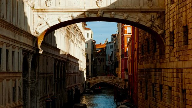 The famous Bridge of Sighs (Ponte dei Sospiri) in Venice, Italy connecting the New Prison to the interrogation rooms in the Palazzo Ducale (Doge's Palace)  
