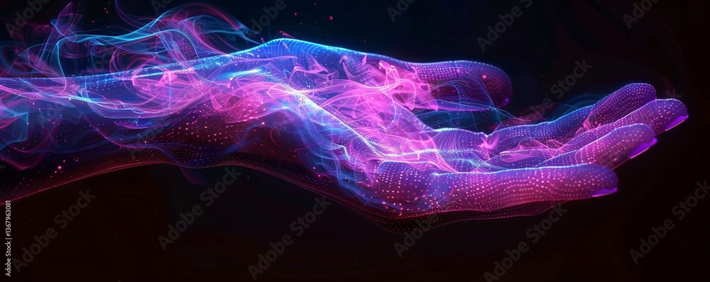 Poster dark background with abstract hand holding glowing energy waves of particles