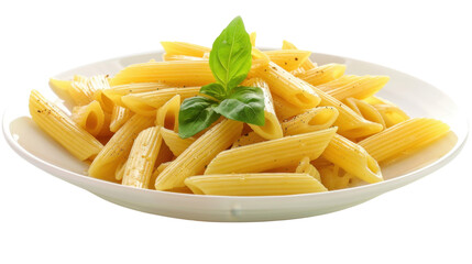 Penne rigate pasta with basil and pepper on transparent background