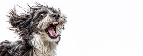 A laughing schnauzer dog with fluttering fur on a white background. Humor and pet concept. Funny animal for poster, banner with copy space