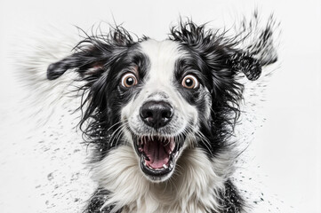 Fototapeta premium A silly smiling border collie splashes dirt from its fur on white background. Humor and pet concept. Funny animal for poster, card, design 